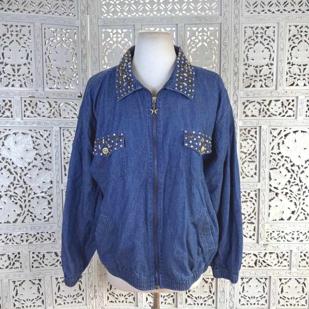 Vtg Embellished Retro Denim Bomber Jacket Womens Medium Grunge 90's Bedazzled